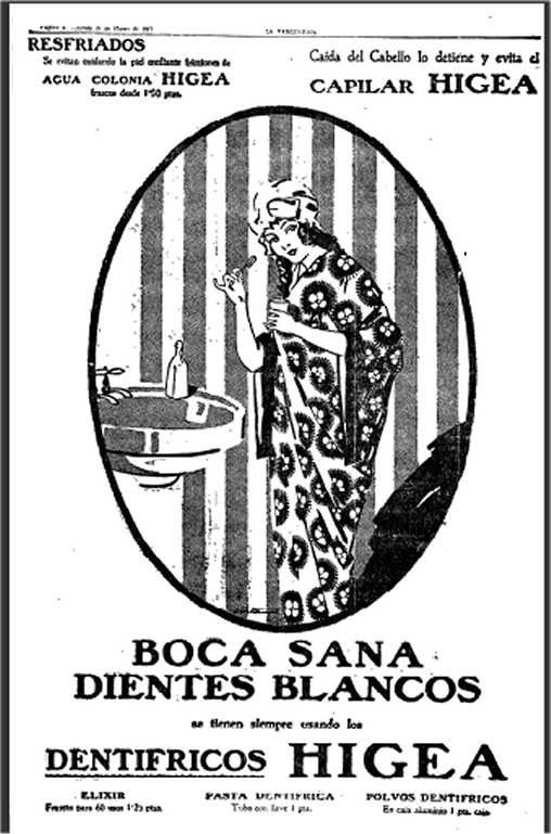 Frau in Kimono mit einer Zahnpastatube vor einem Waschbecken, mit Text 'Boca Sana Dientes Blancos Dentifricos Higea.'
