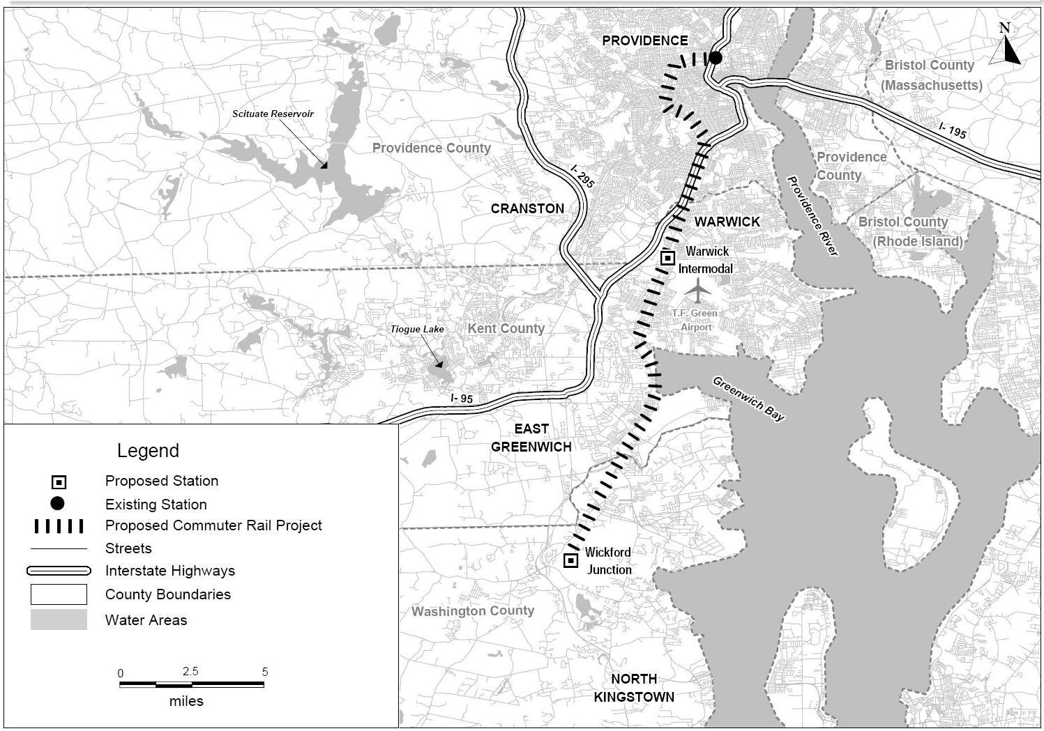 Schwarze und weiße Stadtkarte mit einem Fluss, beschriftet mit "Vorgeschlagenes S-Bahn-Projekt" auf der linken Seite, zeigt Straßen, Autobahnen und städtische Merkmale.