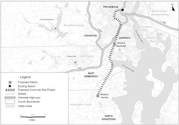Schwarze und weiße Stadtkarte mit einem Fluss, beschriftet mit "Vorgeschlagenes S-Bahn-Projekt" auf der linken Seite, zeigt Straßen, Autobahnen und städtische Merkmale.