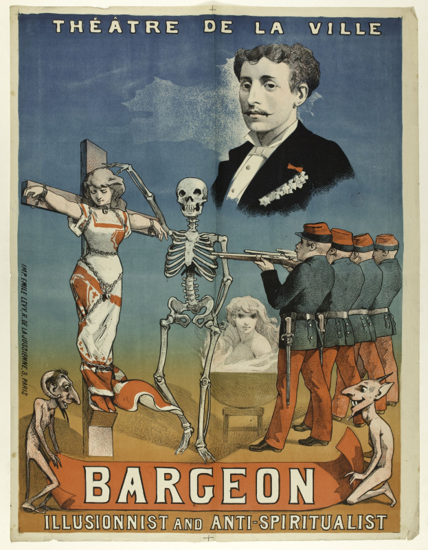 Plakat für das Théâtre de la Ville in Paris mit einem Skelett mit ausgestreckten Armen umgeben von aufgeregten Menschen, mit der Aufschrift "Bargeon Illusionist und Anti-Spiritualist".