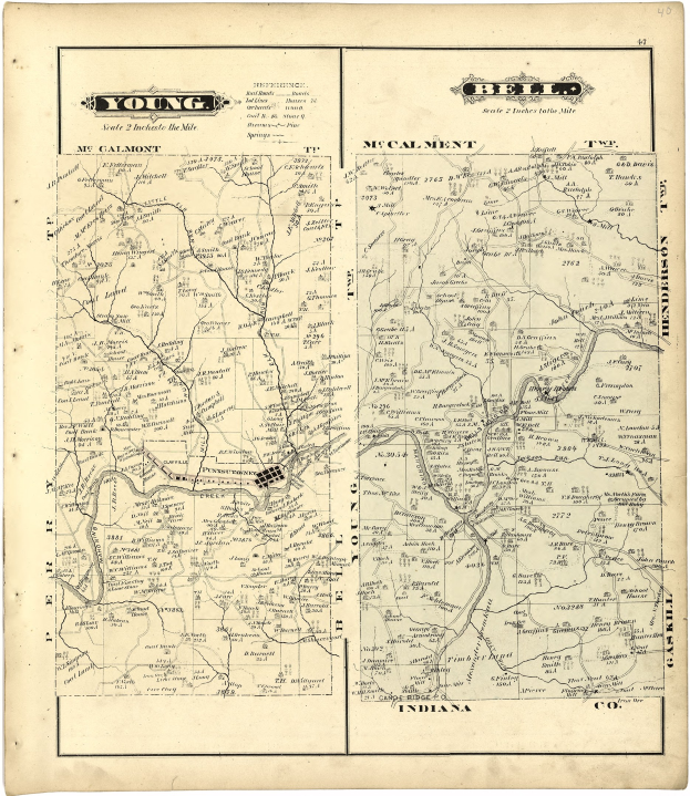 Ausführliche alte Karte von Young, Indiana, mit Straßen, Gebäuden und Sehenswürdigkeiten.