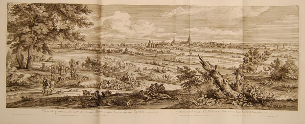 Offenes Buch mit der Aufschrift 'Ansicht der Schlacht von Castellum und Castellium aus der Illustrated London News' mit einer Landschaftsillustration mit Menschen, Bäumen, Pflanzen, Gebäuden und Wolken.