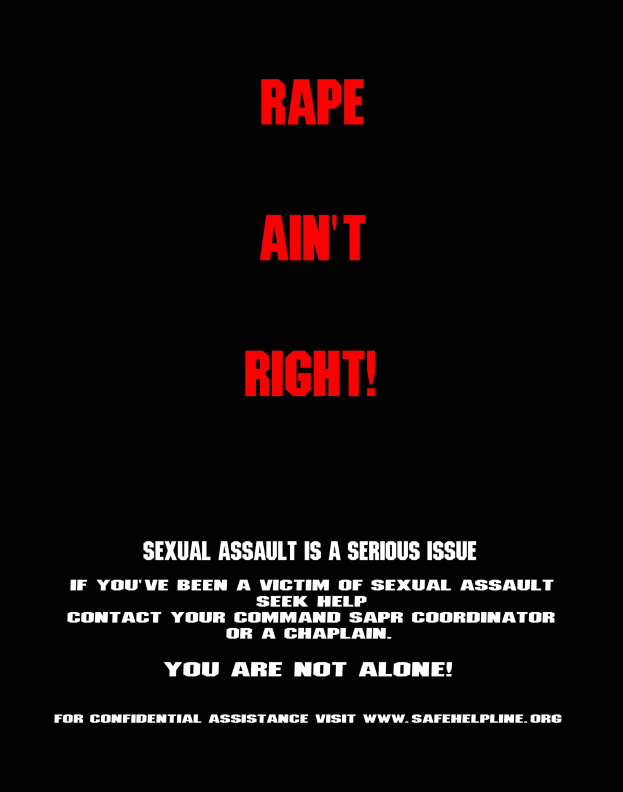 Ein Plakat mit fetter schwarzer Schrift, die "Rape Ain't Right: Sexual Assault is a Serious Issue" auf einem weißen Hintergrund darstellt, eingerahmt von einem schwarzen Rand.