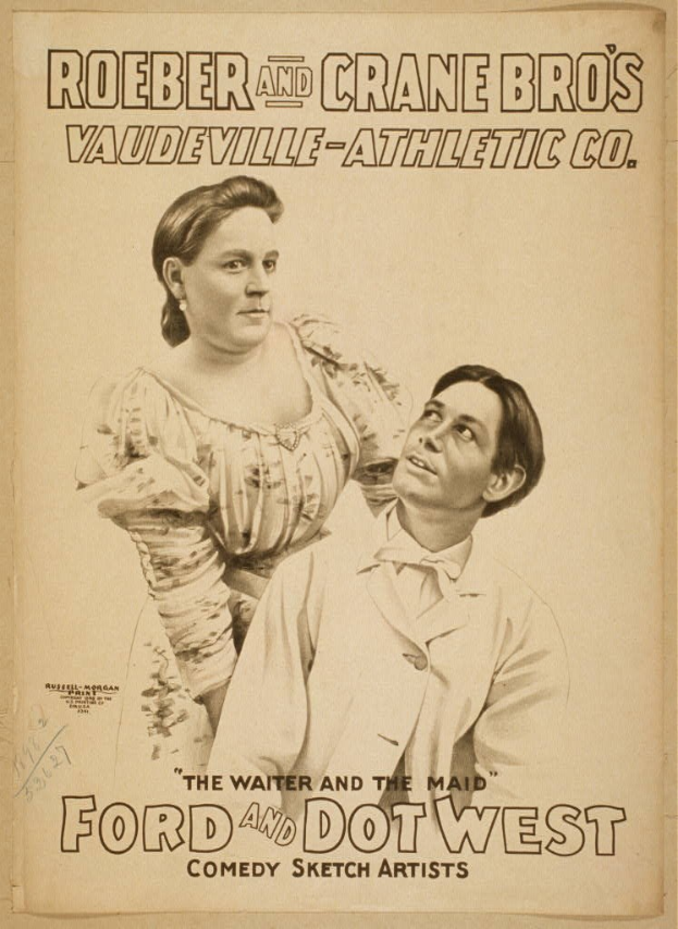 Ein Plakat mit einem Mann in einem Anzug und einer Frau, die nebeneinander stehen, mit der Aufschrift "Ford und Dot West" oben, beide mit ernster Miene.