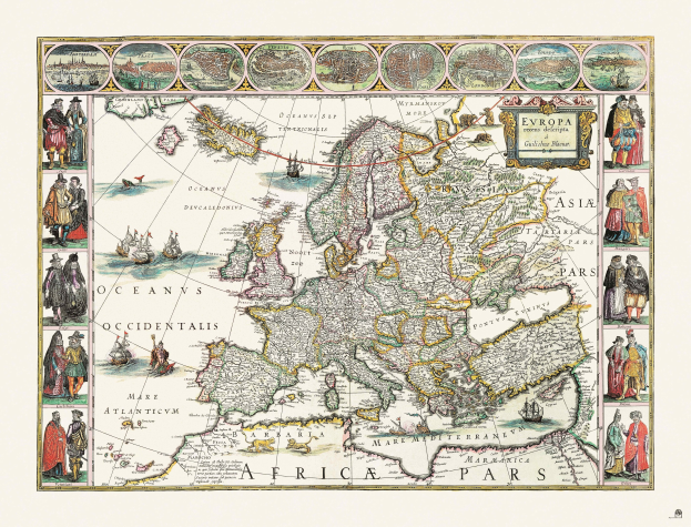 Ein 16. Jahrhundert Europa-Karten-Poster mit detaillierten geographischen Merkmalen, beschrifteten Städten, Flüssen und Regionen, begleitet von beschreibendem Text.
