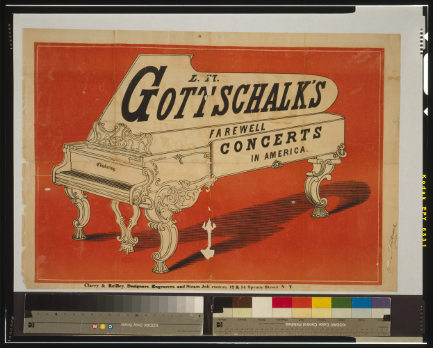 Plakat für Gott'schalk's Abschiedskonzerte in Amerika, das eine große Piano mit darauf geschriebenem Text und Farbskalen unten zeigt.