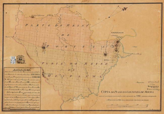 Ein altes Brasilien-Karte in einem Fotorahmen, das die Provinzen Brasiliens und Brasilien hervorhebt, mit der Beschriftung "Copia do Plano da Contenda de Moura".