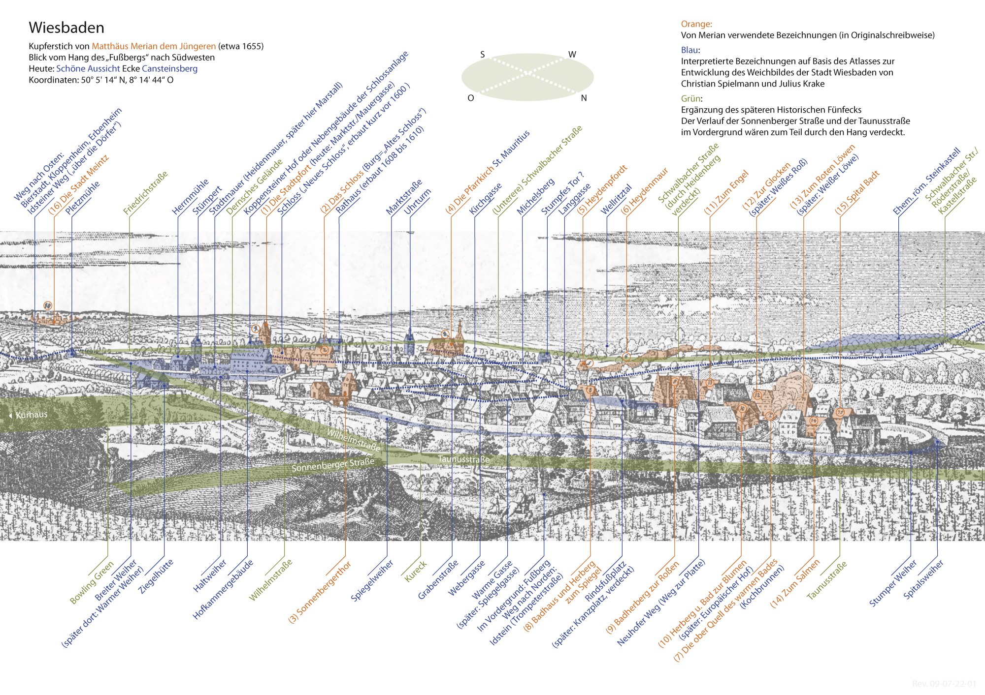Eine Karte von Wiesbaden, Deutschland, mit historischem Text und farbcodierten Regionen, die umliegende Städte und Gemeinden darstellen.