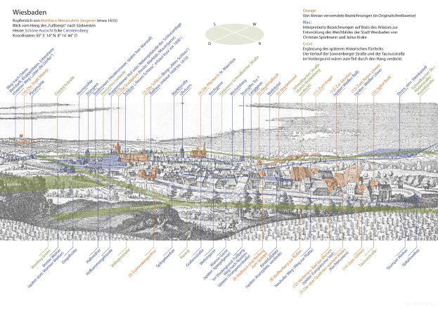 Eine Karte von Wiesbaden, Deutschland, mit historischem Text und farbcodierten Regionen, die umliegende Städte und Gemeinden darstellen.