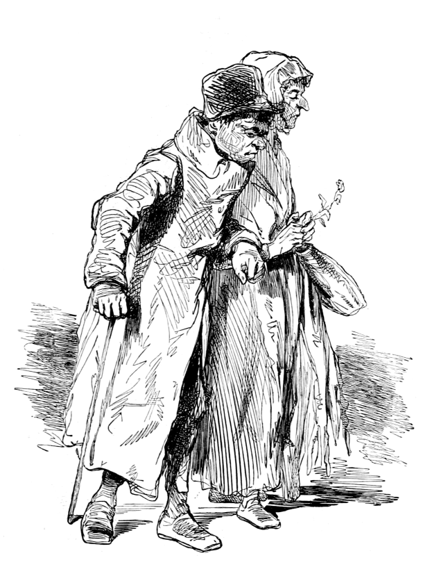 Schwarz-weißes Foto eines älteren Mannes mit Hut und einer Frau, die zusammen gehen, wobei die Frau ein Objekt in der Hand hält.