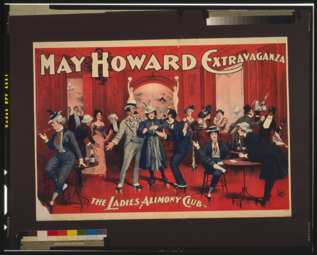 Plakat f"ur die May Howard Extravaganza im Ladies Alimony Club, das eine Gruppe von Menschen an Tischen zeigt.