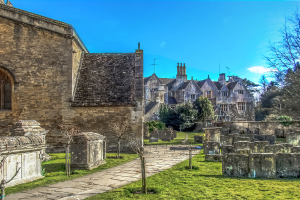 Ein Wohngebiet mit Häusern, Gebäuden und Grünflächen einschließlich Pflanzen, Bäumen und Gras.