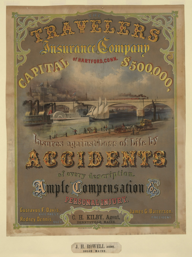 Werbeposter für die Traveler's Insurance Company of Hartford, Conn., mit Booten, einer Brücke und Gebäuden, das wahrscheinlich Reiseversicherungsdienstleistungen anbietet.