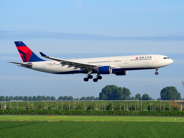 Delta Air Lines Boeing 787-9 Dreamliner beim Start vom Frankfurter Flughafen, mit grünem Gras darunter, Laternen und Bäumen im Hintergrund und einer Kontrollturm auf der rechten Seite unter einem teilweise bewölkten Himmel.