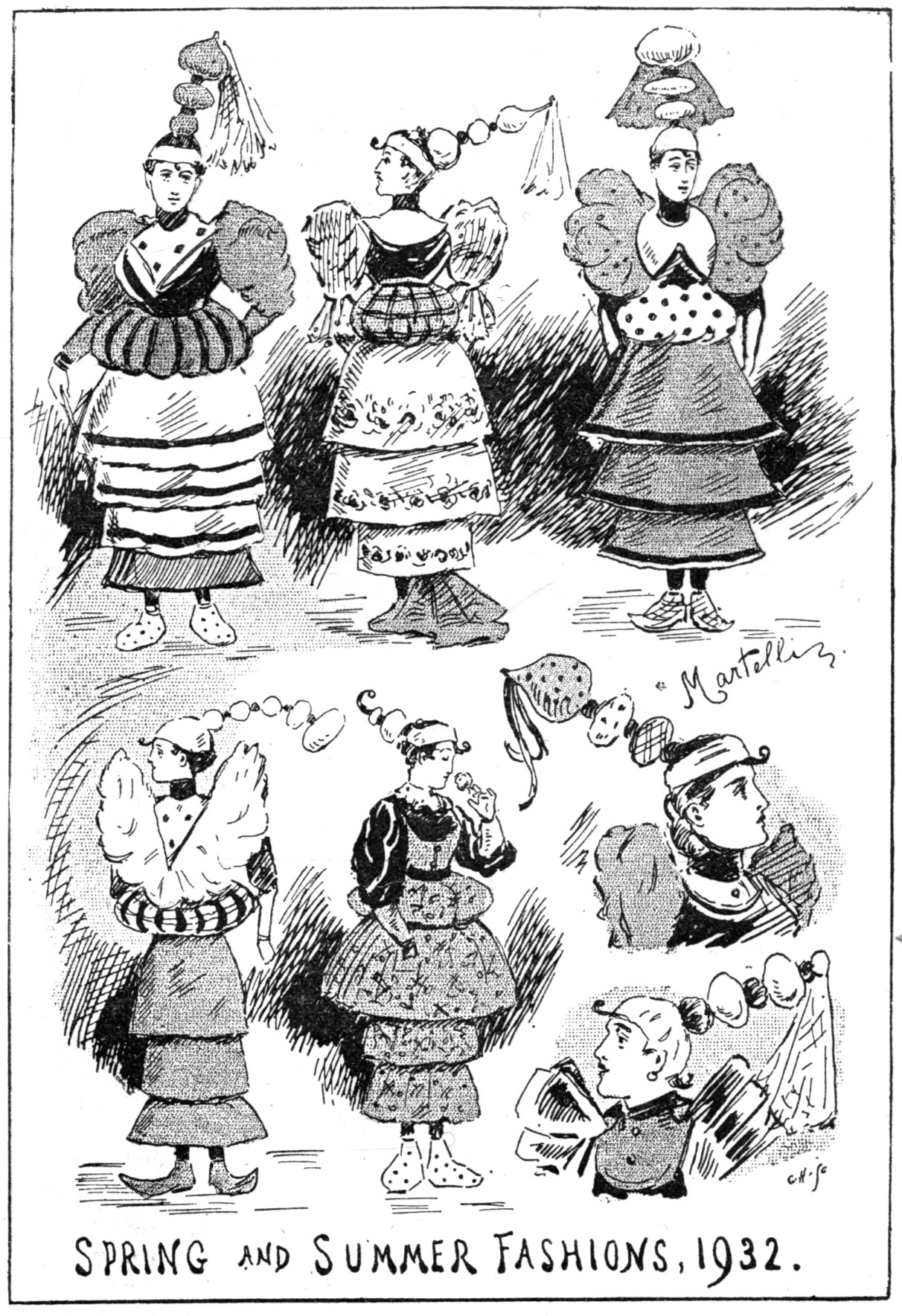 Schwarze und weiße Illustration von Frauen in 1932er Frühlings- und Sommer-Modekleidern, begleitet von beschreibendem Text.