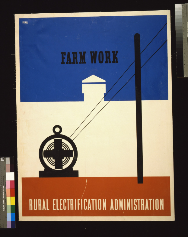 Plakat mit "Landwirtschaftliche Arbeit Stromversorgung" in fetter schwarzer Schrift auf einem weißen Hintergrund, eingerahmt von einem schmalen schwarzen Rand, mit einer Grafik eines Hofes mit einem Traktor und einem Stall.