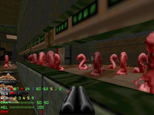 Screenshot von *Doom II* mit animierten Zombies in einem Raum, einer Waffe unten und Spielstatistiken links.