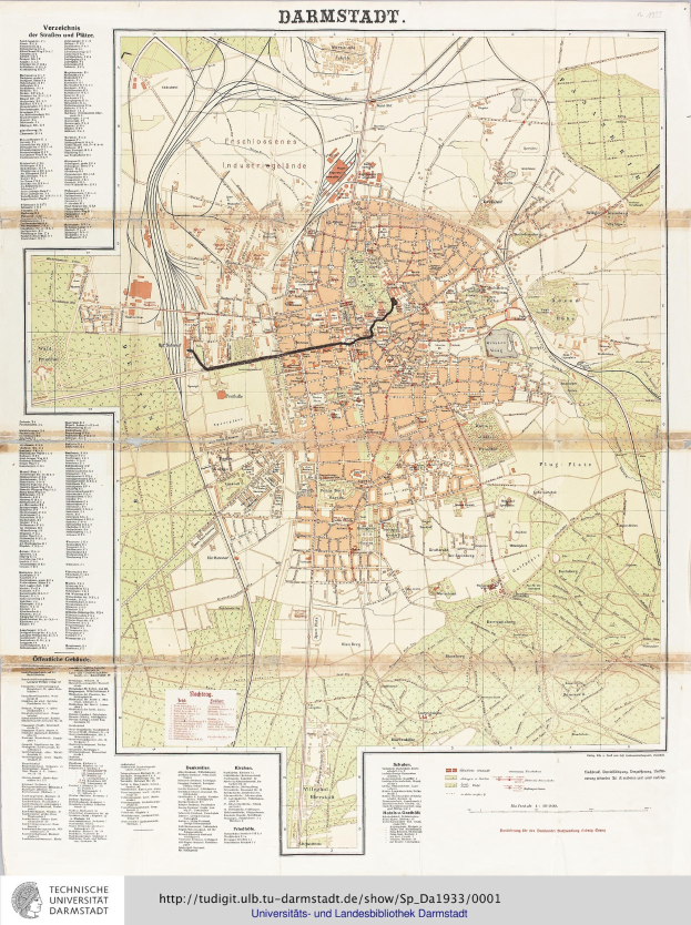 Ein detaillierter alter Stadtplan von Darmstadt, Deutschland, der Straßen, Gebäude, Sehenswürdigkeiten und Text enthält, der Informationen über die Bevölkerung, Sehenswürdigkeiten und Straßen der Stadt bereitstellt.