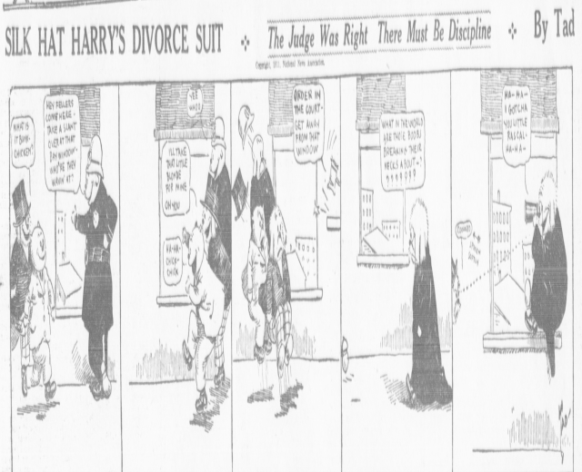 Cartoon-Illustration eines Mannes in einem schwarzen Anzug und einer eleganten Frau mit einem schwarzen Schal, beide mit ernsten Gesichtern, beschriftet mit "Scheidungsklage."