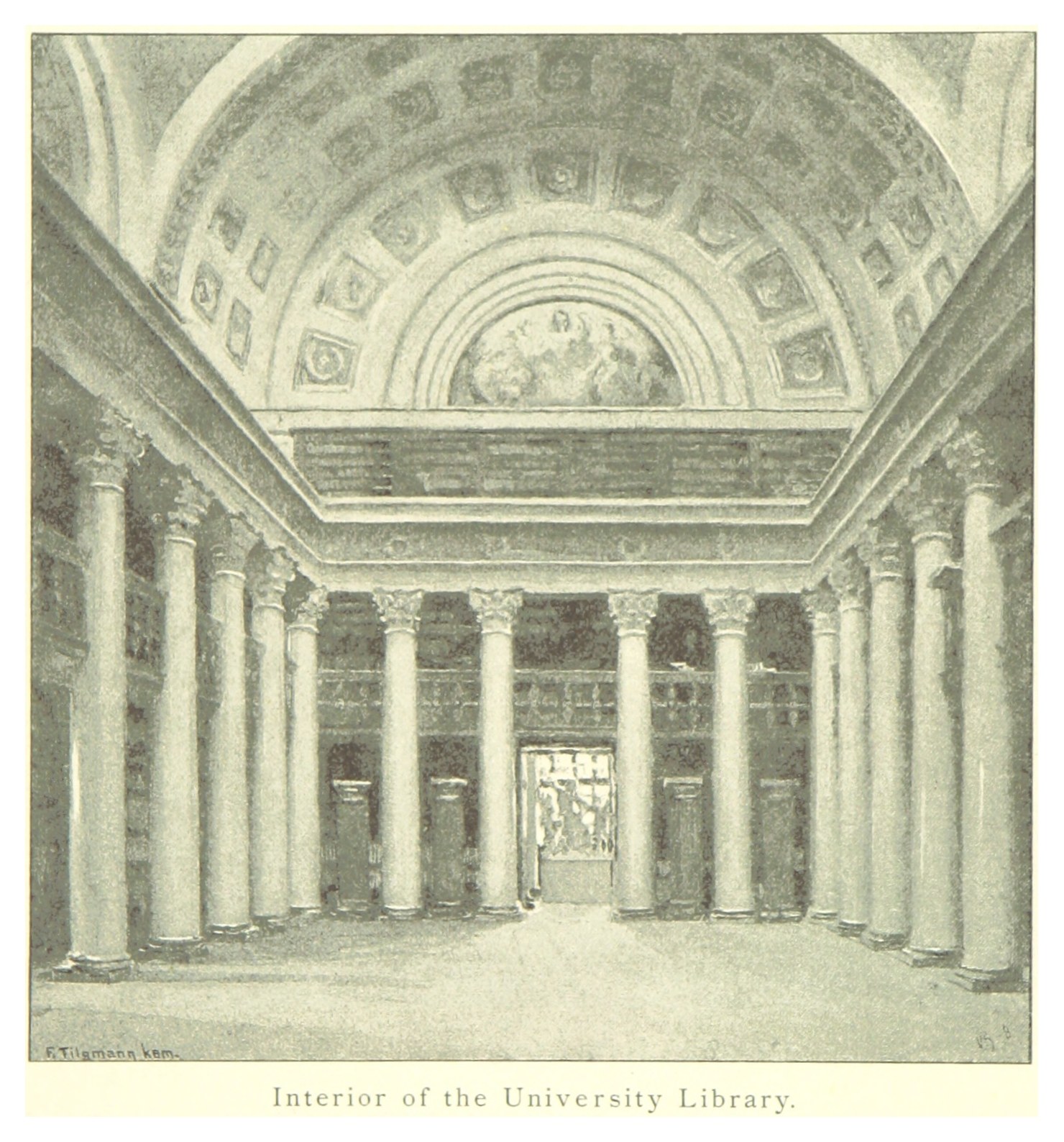 Innenansicht einer Universitätsbibliothek mit beeindruckenden Säulen und detailreichen Deckenentwürfen, mit Text am unteren Rand, der das Ambiente ergänzt.