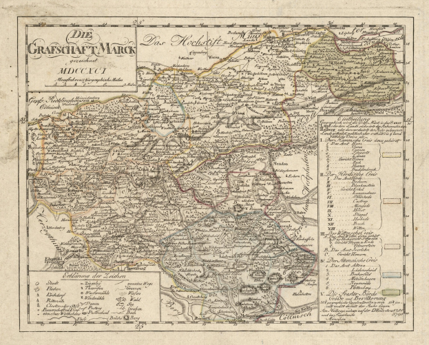 Ein detaillierter alter Stadtplan von München, Deutschland, mit Text, der Straßen, Parks, Sehenswürdigkeiten, Straßen, Flüsse und Berge zeigt, eingerahmt von einem dekorativen blau-grün-gelben Rand.
