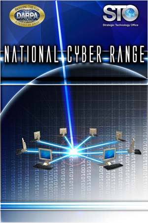 Ein Plakat mit "National Cyber Range" in fetter, weißer Schrift auf einem blauen Hintergrund, das eine Weltkugel mit verbundenen Computern zeigt.