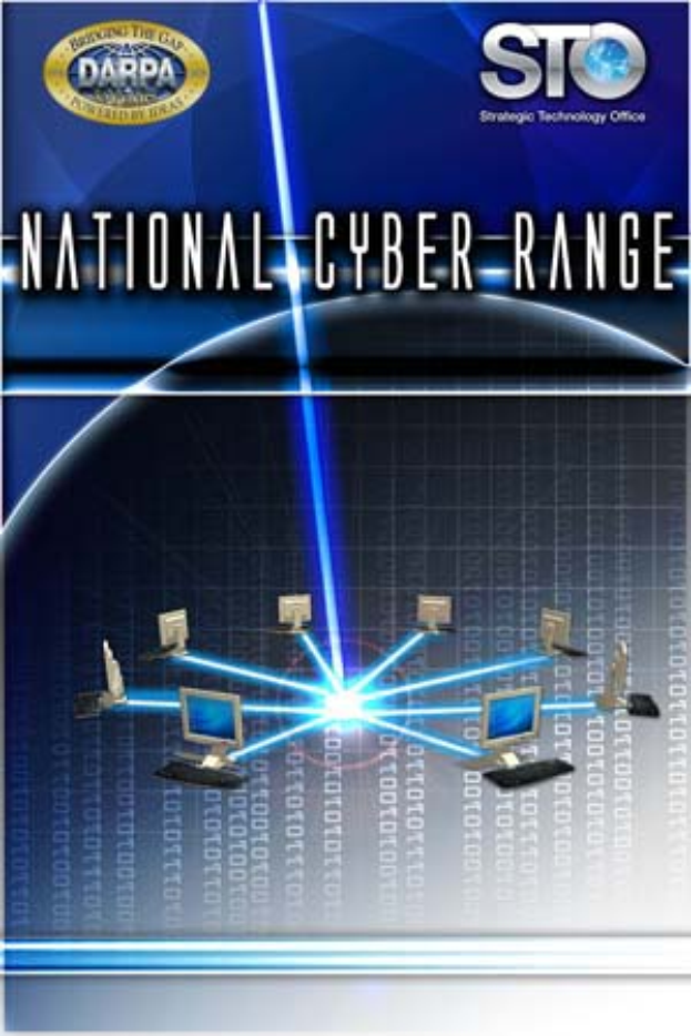 Ein Plakat mit "National Cyber Range" in fetter, weißer Schrift auf einem blauen Hintergrund, das eine Weltkugel mit verbundenen Computern zeigt.