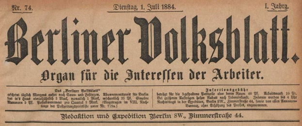 Altes deutsches Zeitungsblatt "Berliner Volksblatt" aus dem Jahr 1884, vergilbt und in schwarzer Tinte gedruckt.
