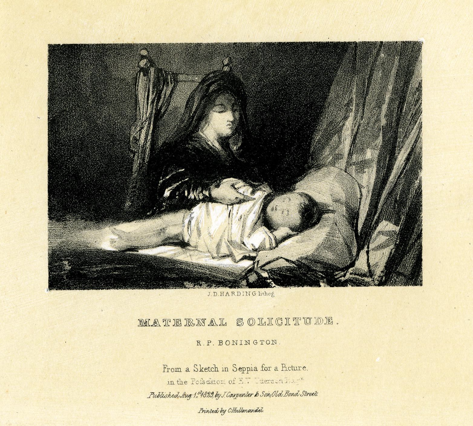 Eine Frau in einem weißen Kleid sitzt auf einem Bett und hält ein Baby nah an ihrer Brust, während das Baby zu ihr hochschaut, mit dem Text "Maternal Solitude by R.P. Bonington" unten.