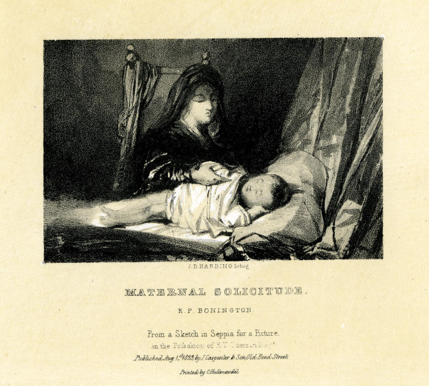 Eine Frau in einem weißen Kleid sitzt auf einem Bett und hält ein Baby nah an ihrer Brust, während das Baby zu ihr hochschaut, mit dem Text "Maternal Solitude by R.P. Bonington" unten.