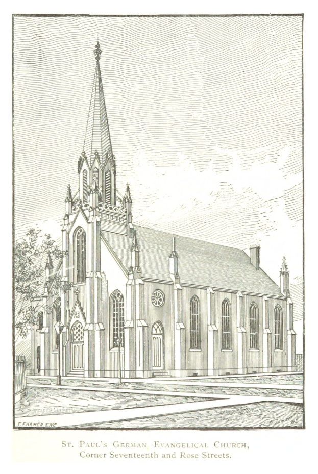 Eine Zeichnung der deutsch-evangelischen St. Pauls-Kirche mit einem Baum im Vordergrund und einem klaren blauen Himmel im Hintergrund, mit Text unten auf dem Bild.