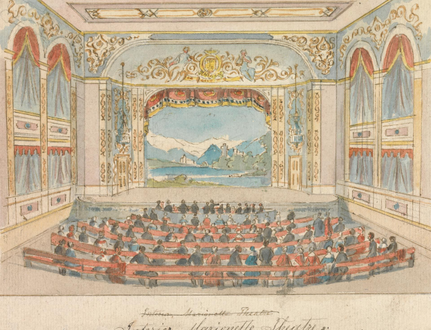 Eine Zeichnung eines Theaters mit einem Publikum im Auditorium, Wände mit detaillierten Designs, eine Decke mit Lichtern und dekorativer Text unten.