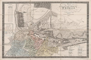 Detailierte alte Karte von Weimar, Deutschland, zeigt Straßen, Gebäude und Sehenswürdigkeiten mit zusätzlichem Text über die Bevölkerung und Merkmale der Stadt.