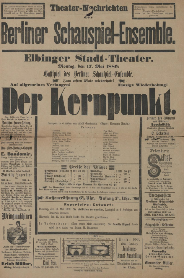 Schwarze und weiße Zeitungsanzeige für das Berliner Schauspiel-Ensemble mit einem Mann im Anzug.