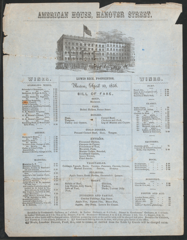 Alte Speisekarte mit einem Foto des American House-Gebäudes in der Hanover Street mit Text, der die Restaurant-Angebote auflistet.