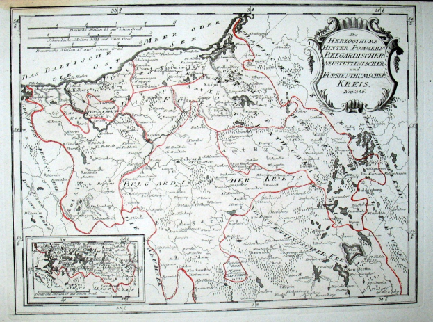 Alte Deutschlandkarte mit einer roten Linie darauf, auf Papier gedruckt mit handgeschriebenem Text.