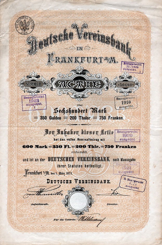 Ein altes deutsches Wertpapier, das von der Deutschen Vereinsbank in Frankfurt, Deutschland, ausgegeben wurde und auf Papier gedruckt ist.