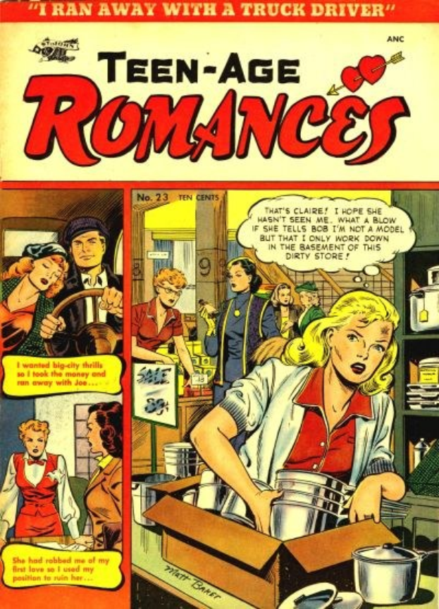 Ein farbenfroher DC-Comics-Plakat titled 'Teen-Age Romances 23-A' zeigt eine Gruppe von Menschen in einer fröhlichen, romantischen Umarmung, die lächeln und sich in die Augen sehen, mit fetter Schrift oben.