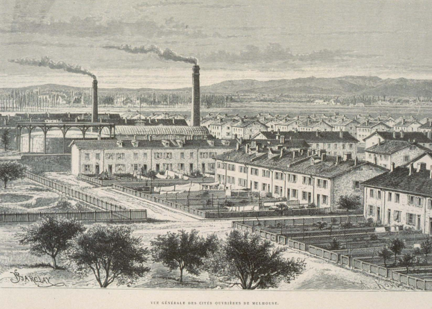 Schwarze und wei├če Illustration einer futuristischen Stadt mit Geb├Ąuden, Grün, einer Brücke und Rauch aus Schornsteinen, vor Hügeln und einem bew├Âlktem Himmel, mit dem Text "Barclay, die Stadt der Zukunft" unten.