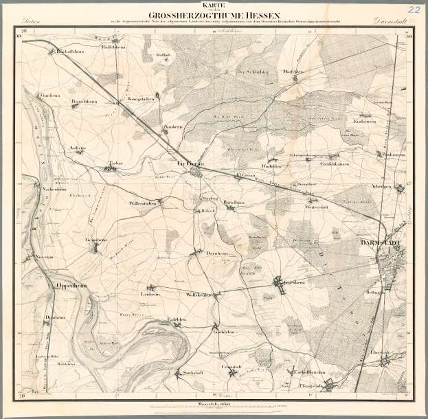 Ein altes Stadtplan von Hessen, Deutschland, in einem Photo Rahmen, mit Text oben und unten auf dem Papier.
