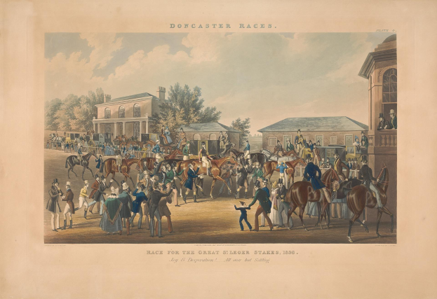 Eine Gruppe von Menschen auf Pferden vor einem Gebäude mit Bäumen und Wolken im Hintergrund und dem Text "Doncaster Races, Race for the Great Stakes, 1839" unten.