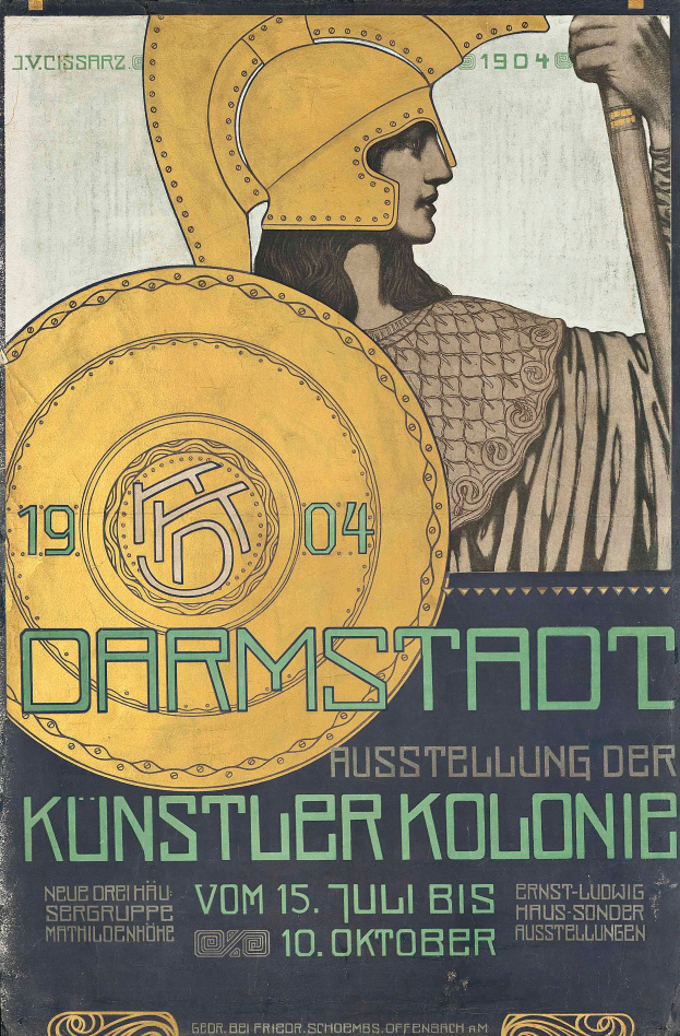 Ein Plakat, das ein Konzert in Berlin im Jahr 1904 ankündigt, zeigt eine Person in einem Helm und Schild mit der Aufschrift 'Darmstadt' und 'Künstlerkolonie' in fetter Schrift.