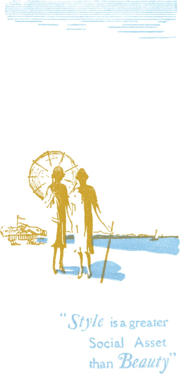 Plakat mit zwei Menschen, die sich umarmen, mit der Aufschrift "Stil ist ein größeres soziales Kapital als Schönheit" in fetter schwarzer Schrift auf einem weißen Hintergrund mit einem hellblauen Rand.