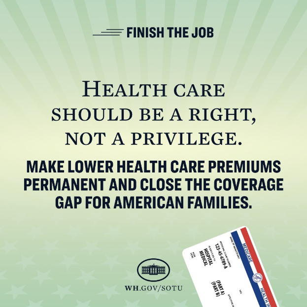 Plakat mit dem Text "Beenden Sie die Arbeit: Gesundheit sollte ein Recht sein, nicht ein Privileg" und einer Karte mit der Aufschrift "Machen Sie niedrigere Gesundheitspauschalen permanent und schließen Sie die Versorgungslücke für amerikanische Familien."