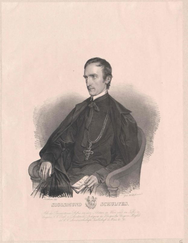 Eine Gravur eines Mannes in schwarzer Robe, der in einem Stuhl sitzt und ein Buch hält, mit der Inschrift "Sicismund Schultes, der Bundeskanzler der Bundesrepublik Deutschland" unten.