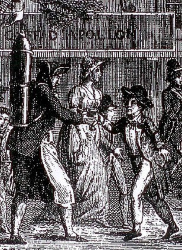 Schwarz-weiß-Illustration einer Menge, die vor einem Gebäude während der Viktorianischen Unruhen in London flieht, mit Text unten, der "Viktorianische Unruhen in London" lautet.