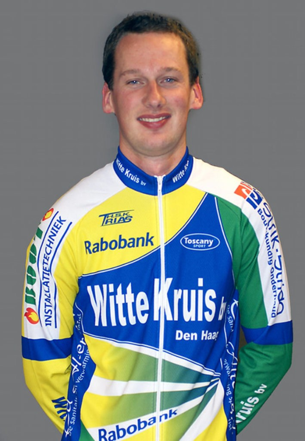 Ein männlicher Sportler posiert für ein Foto, wobei er ein Hemd trägt, auf dem mehrere Sponsorunternehmennamen angegeben sind.