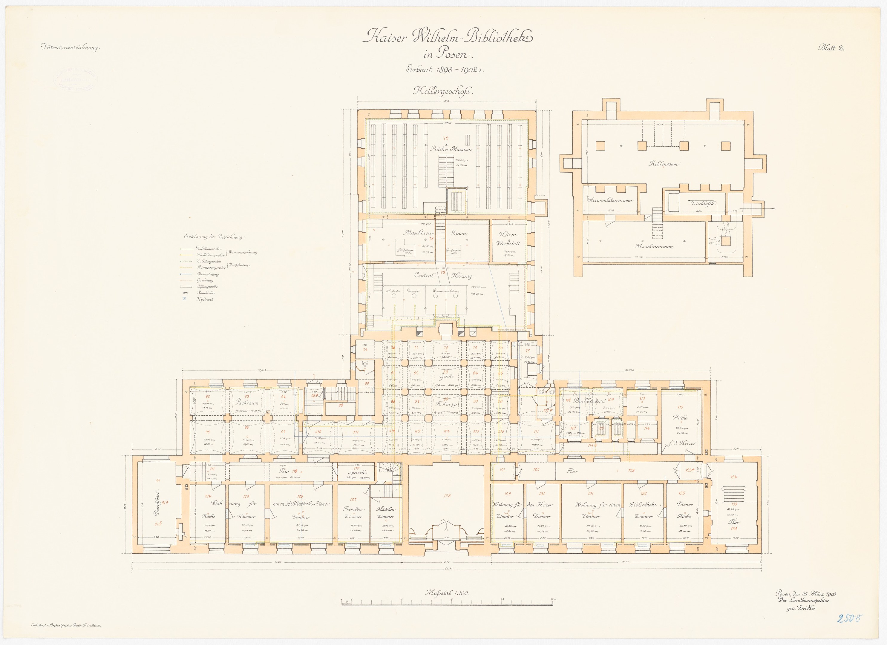 Grundrisszeichnung der Kaiser-Wilhelm-Bibliothek in Dresden, Deutschland mit textlichen Anmerkungen zur Gebäudeplanung.
