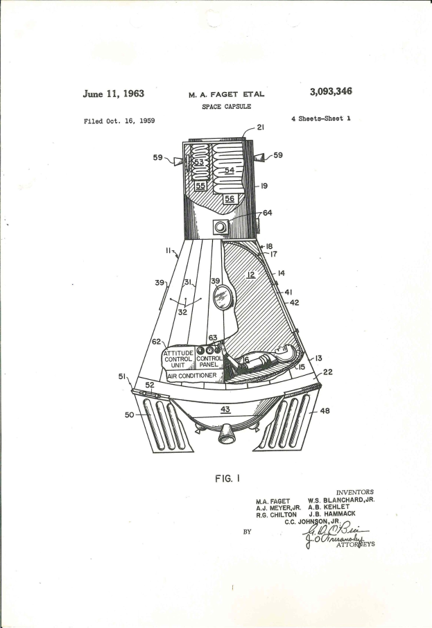 Schwarz-weiß-Zeichnung der Apollo 11 Command Module mit nummerierten Teilen und Patenttext auf einem weißen Hintergrund.