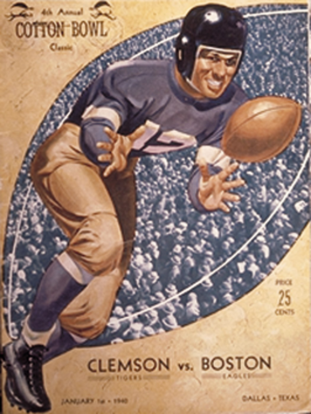 Ein Plakat eines Football-Spielers in einem Helm, der einen Football hält, mit der Aufschrift "Cotton Bowl Cleveland vs Boston" darüber, das eine entschlossene Miene zeigt.